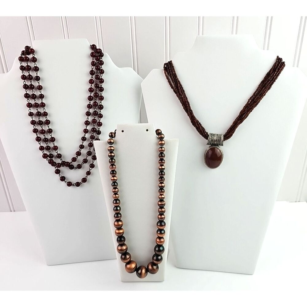 Copper Tone Red Bead Necklace Mixed Materials Glass Lot of 3 Vintage to Now